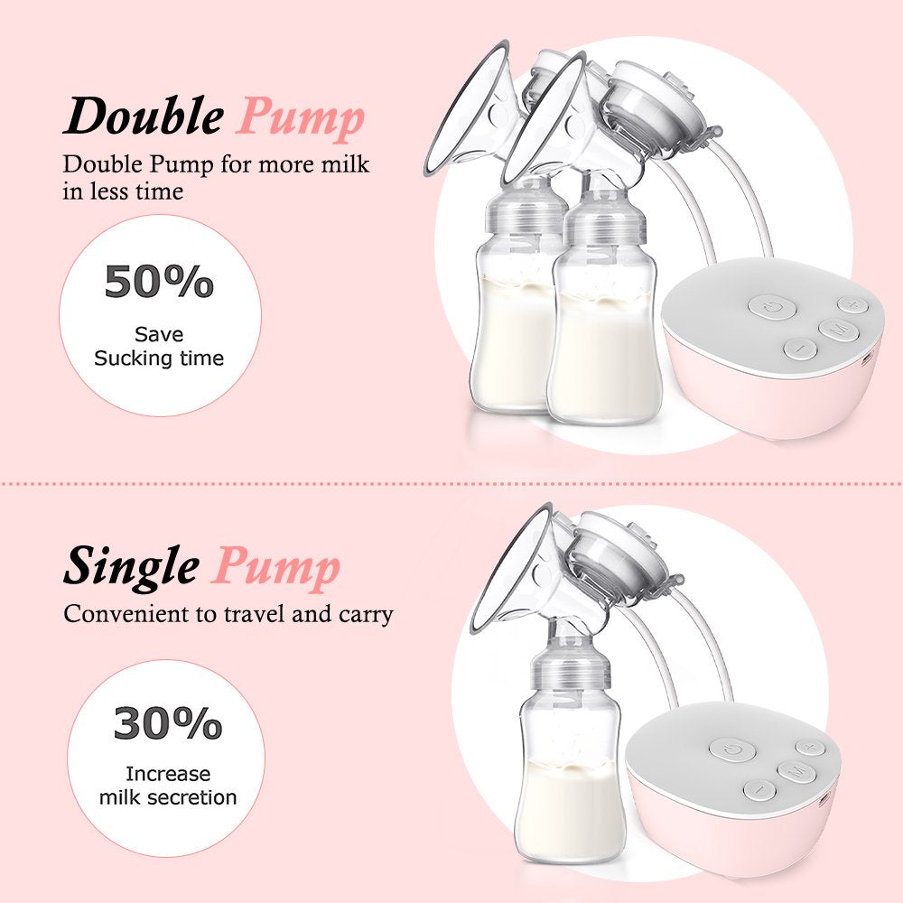 Double Electric Breast Pump, Rechargeable Portable Dual Breastfeeding Pump Anti-Backflow with Milk Collect Function Strong Suction 3 Modes 9 Levels, Pink