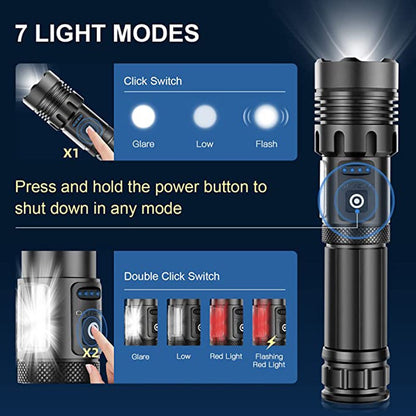 100000 Lumens Powerful Flashlight, Rechargeable Waterproof Searchlight XHP70 Super Bright Handheld Led Flashlight Tactical Flashlight 26650 Battery USB Zoom Torch for Emergency Hiking Hunting Camping