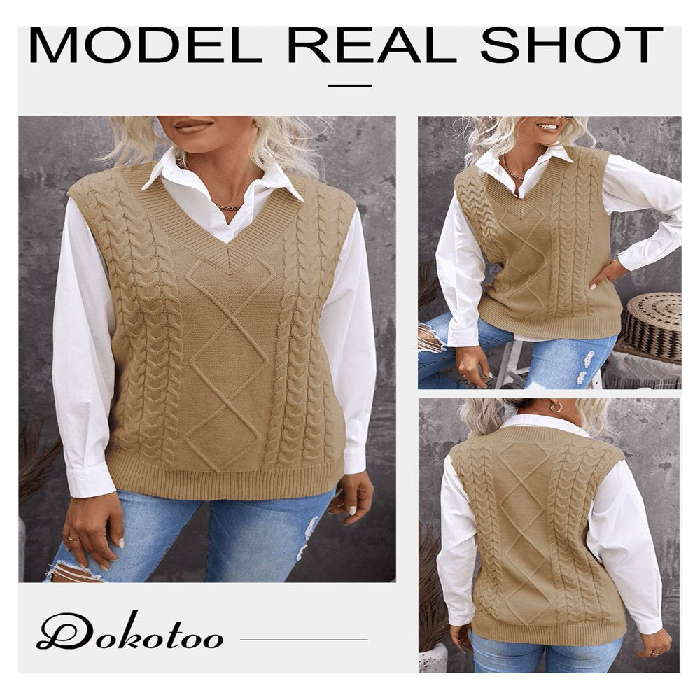 Dokotoo Womens Khaki Sleeveless Knitted Sweater Vest Cable Knit Pullover Tops, Us 12-14(L)