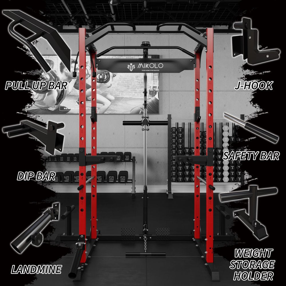 Mikolo Power Rack Cage with LAT Pulldown System,1200LBS Capacity Power Rack, Multi-Functional Squat Rack with 13-Level Adjustable Height and J-Hooks, Dip Bars, T-Bar, Gym Equipment (Upgraded)