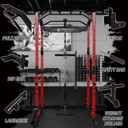 Mikolo Power Rack Cage with LAT Pulldown System,1200LBS Capacity Power Rack, Multi-Functional Squat Rack with 13-Level Adjustable Height and J-Hooks, Dip Bars, T-Bar, Gym Equipment (Upgraded)