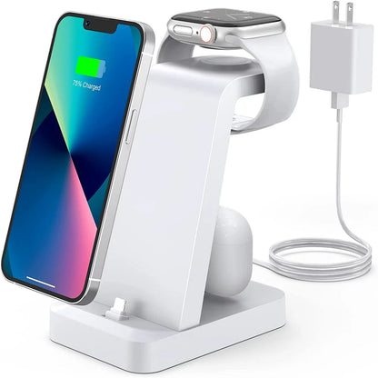 Charger Station for Iphone Multiple Devices - 3 in 1 Fast Wireless Charging Dock Stand for Apple Watch Series 7 6 SE 5 4 3 2 & Airpods Iphone 14 13 12 11 Pro X Max XS XR 8 7 plus 6S 6 with Adapter