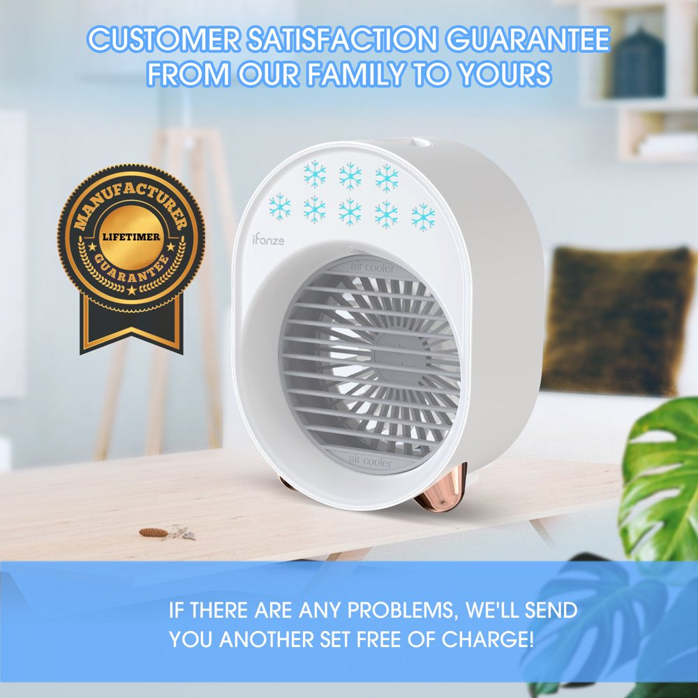 Ifanze Portable Air Conditioner Fan, Rechargeable Evaporative Air Cooler Air Cooling Fan with 3 Speed, Personal Mini AC Desktop Fan for Room Home Bedroom Office Indoor Outdoor, White