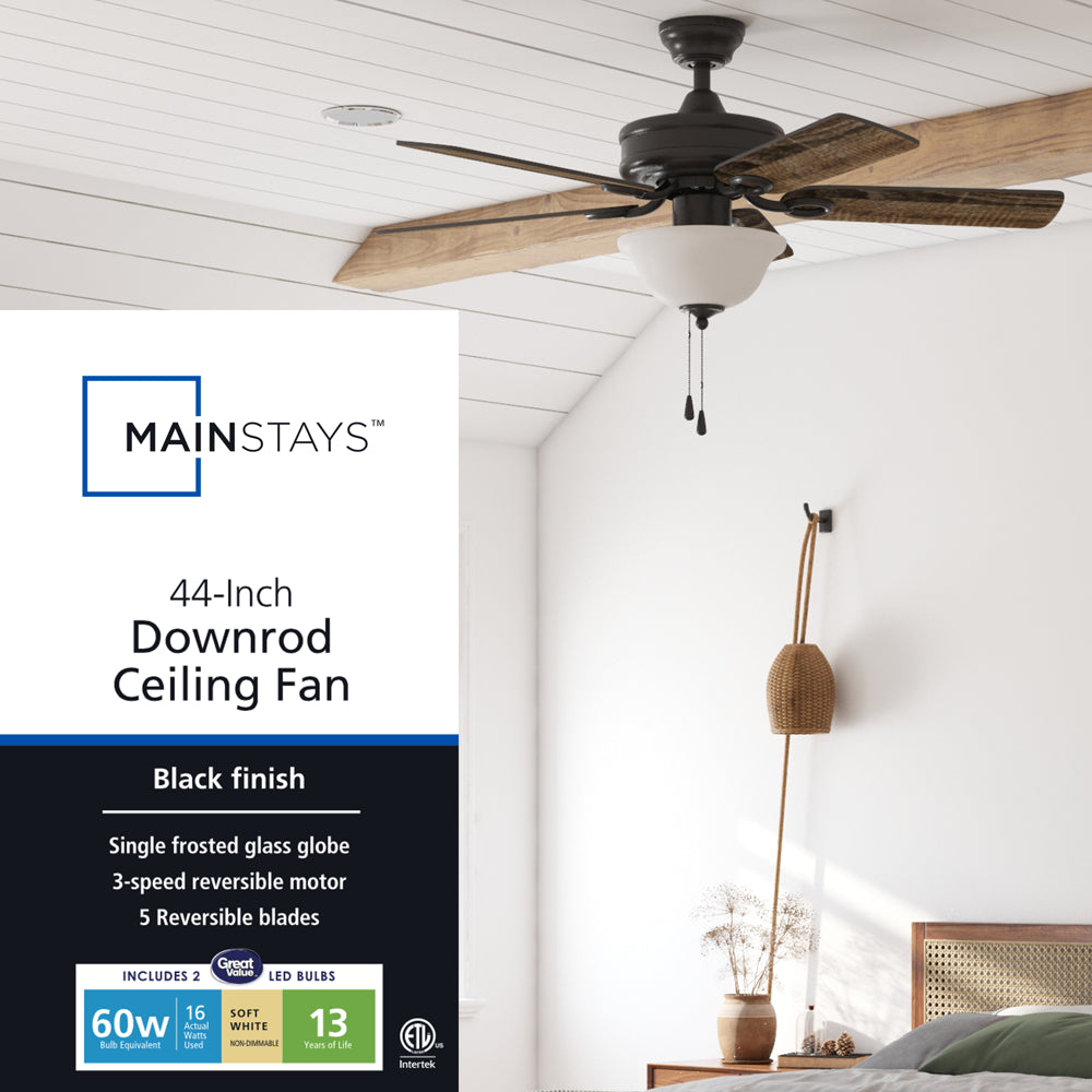 Mainstays 44" Black Traditional LED Ceiling Fan with 5 Blades, Light Kit, Pull Chains & Reverse Airflow