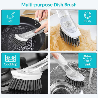 SUGARDAY Soap Dispensing Dish Brush Set Kitchen Scrub Brush with Stand 3 Brush Replacement Heads