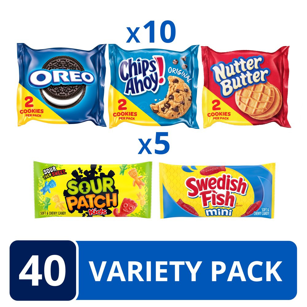 OREO, CHIPS AHOY!, Nutter Butter, SOUR PATCH KIDS & SWEDISH FISH Cookies & Candy Variety Pack, 40 Holiday Snack Packs