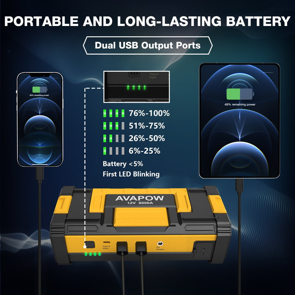 AVAPOW 6000A Car Jump Starter - Upgraded, Dual USB Quick Charge & LED Light, 12V Jump Pack for Gas & 12L Diesel