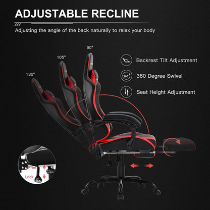 GTRACING GTWD-200 Gaming Chair with Footrest, Height Adjustable Office Swivel Recliner, Red