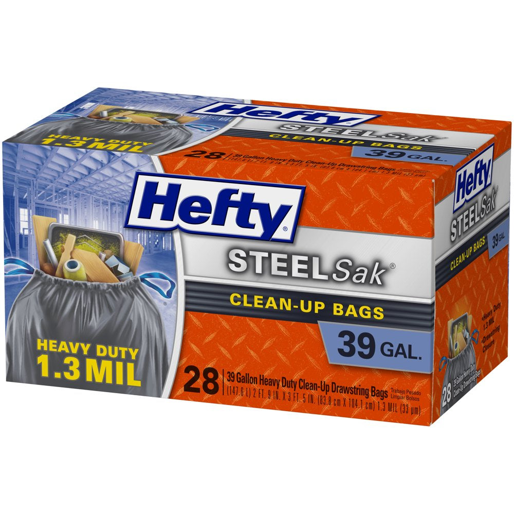 Hefty Steelsak Heavy Duty Large Trash Bags, Black, Unscented, 39 Gallon, 28 Count