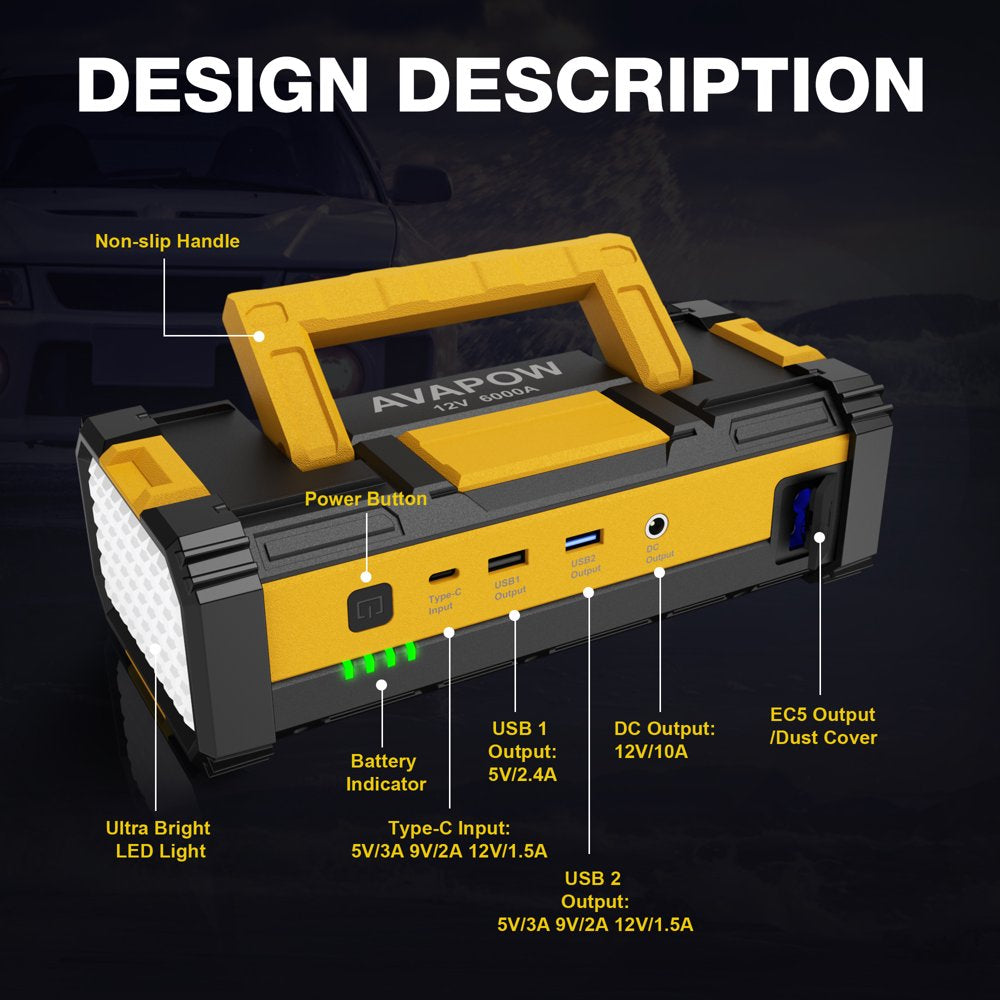 AVAPOW 6000A Car Jump Starter - Upgraded, Dual USB Quick Charge & LED Light, 12V Jump Pack for Gas & 12L Diesel