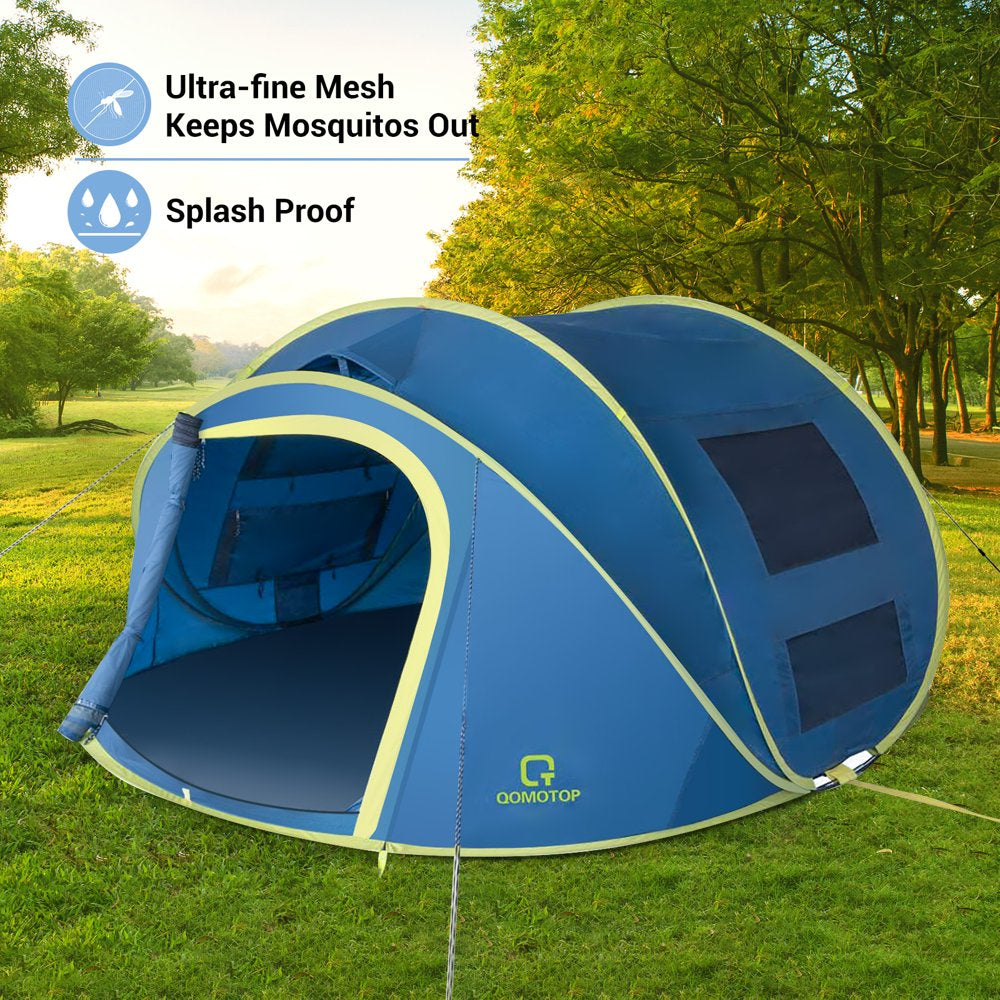 QOMOTOP Instant Tent 4-Person Camp Tent, Automatic Setup Pop Up Tent, Waterproof, Huge Side Screen Windows, Blue