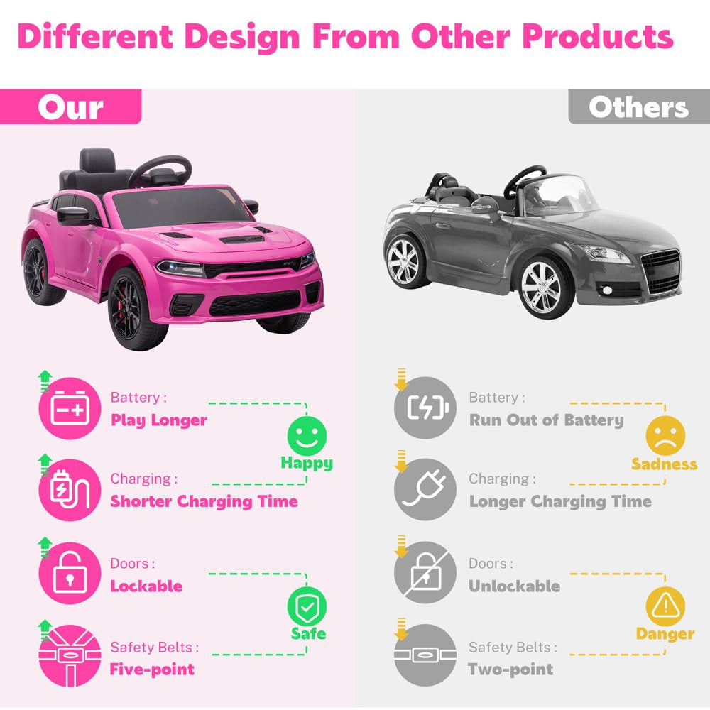 Dodge Electric Ride on Cars for Kids, 12 V Licensed Dodge Charger SRT Powered Ride On Toys Cars with Parent Remote Control, Electric Car for Girls 3-5 w/Music Player/LED Headlights/Safety Belt, Pink