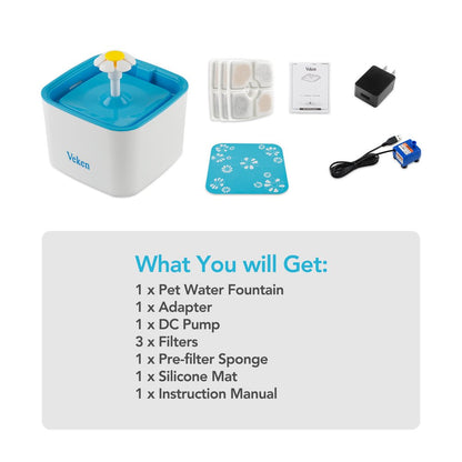 Veken 84oz/2.5L Pet Fountain,Cat Dog Water Fountain with 3 Replacement Filters & 1 Silicone Mat ,Blue