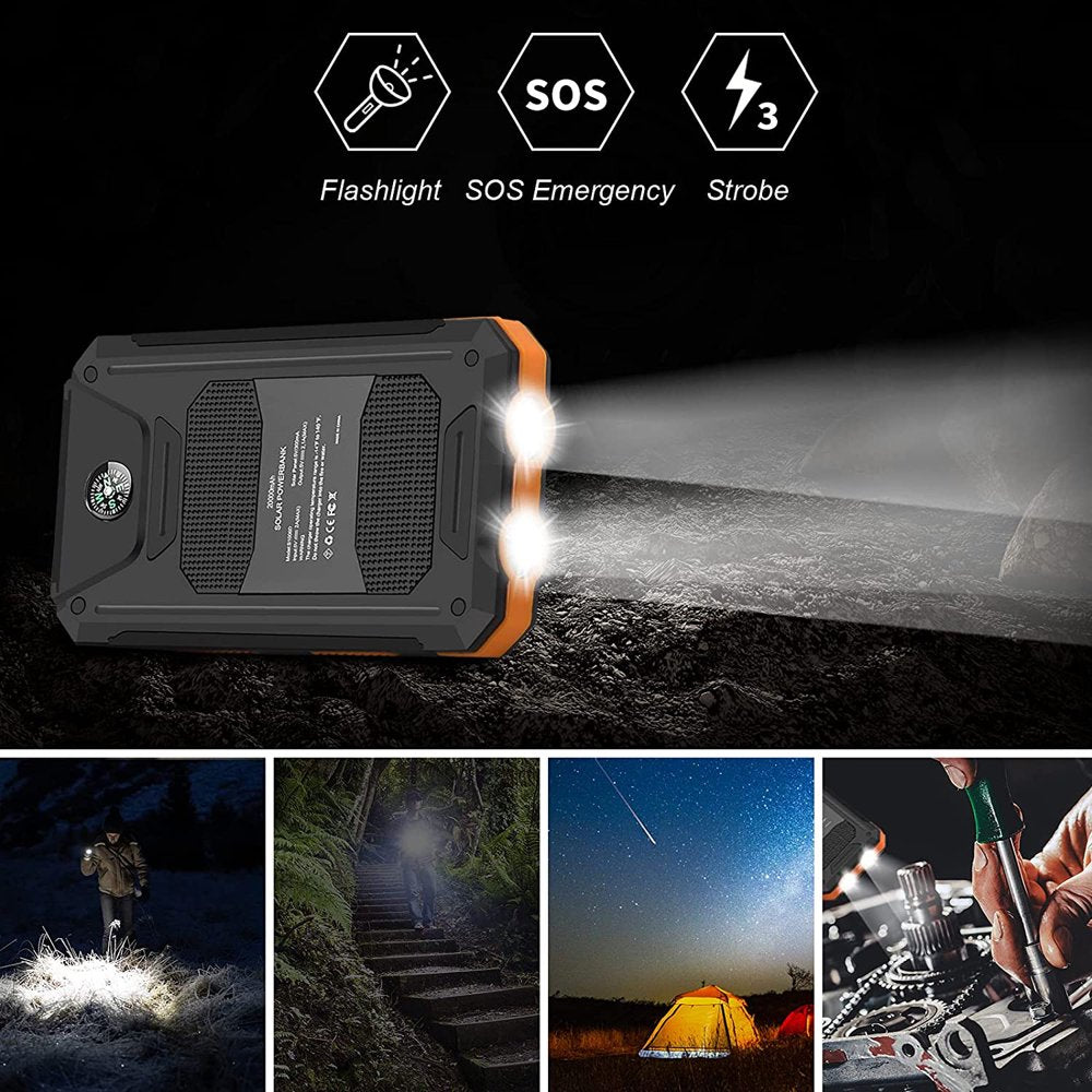 20000mAh Solar Charger for Cell Phone iPhone, Portable Solar Power Bank with Dual 5V USB Ports, 2 LED Light Flashlight, Compass Battery Pack for Outdoor Camping Hiking(Orange)