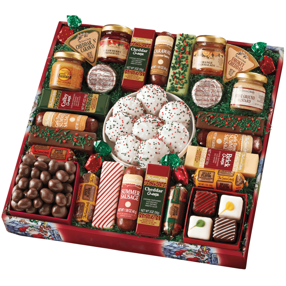 The Swiss Colony 27 Favorites Food Gift Box - Assorted Cheeses, Chocolates, Candies, Petits Fours, and Summer Sausage Meats - Holiday Red Box