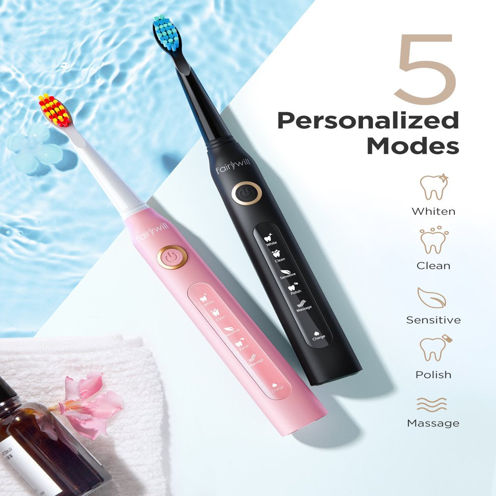 Fairywill Ultrasonic Electric Toothbrush with 5 Modes , Dual Pack Sonic Rechargeable Toothbrush for Adults with 8 Heads & 2 Travel Cases , Smart Timer , Fast Charger for 30 Days , Black & Pink