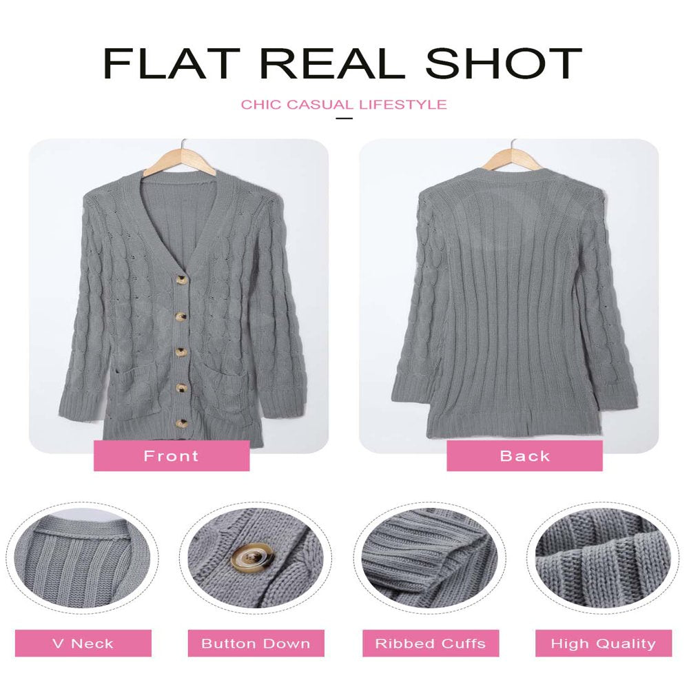 Dokotoo Womens Gray Chunky Cable Knit Casual Cardigan Solid Color Button Down Open Front Loose Sweater Outwear Size Large US 12-14