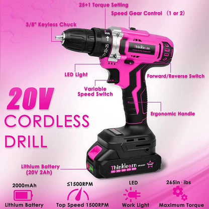 Pink Tool Kit with 20V Cordless Drill(265in-lbs), Pink Drill Set for Women,Lady's Home Tool Kit for DIY