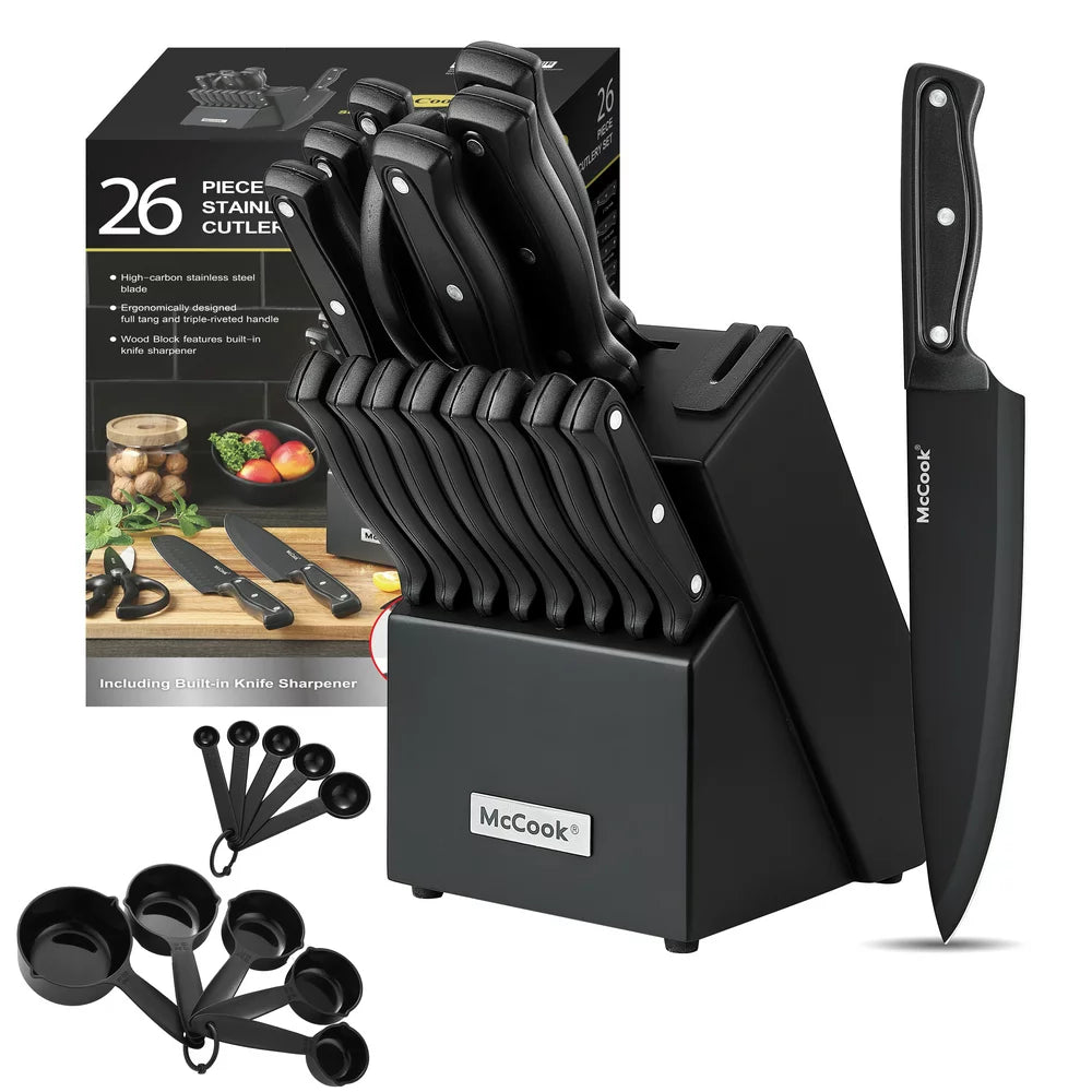 Mccook DISHWASHER SAFE MC701 Black Knife Sets of 26, Stainless Steel Kitchen Knives Block Set with Built-In Knife Sharpener,Measuring Cups and Spoons