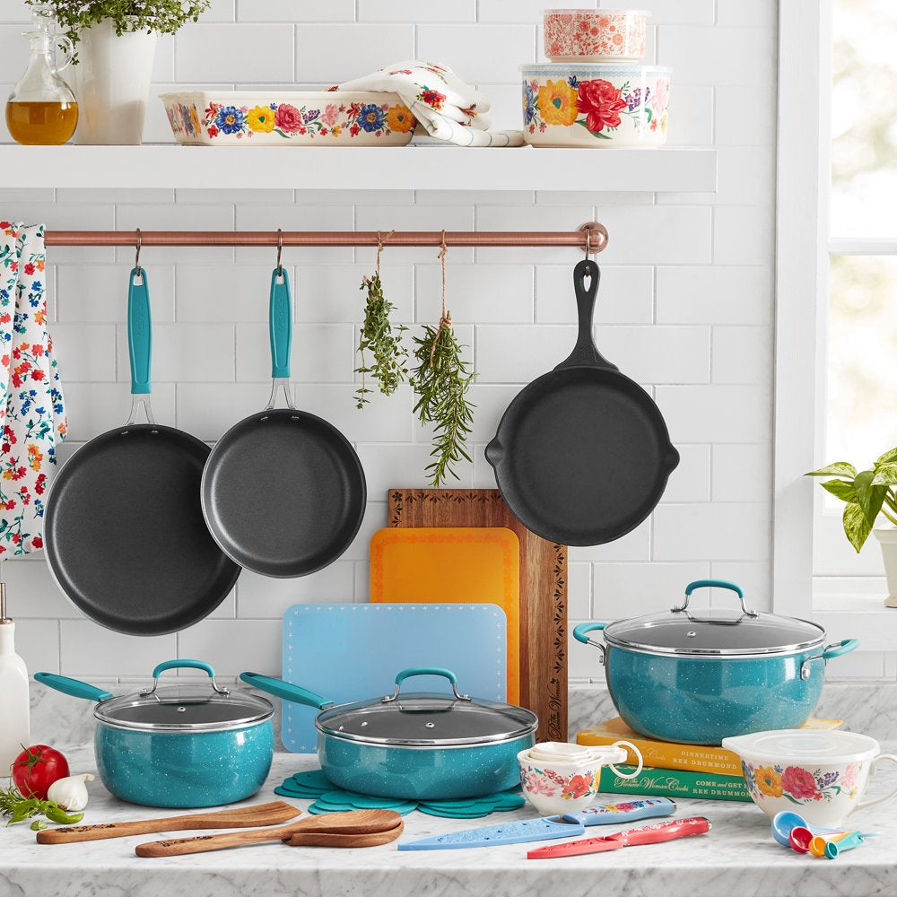 The Pioneer Woman Brilliant Blooms 38-Piece Cookware Set, Teal