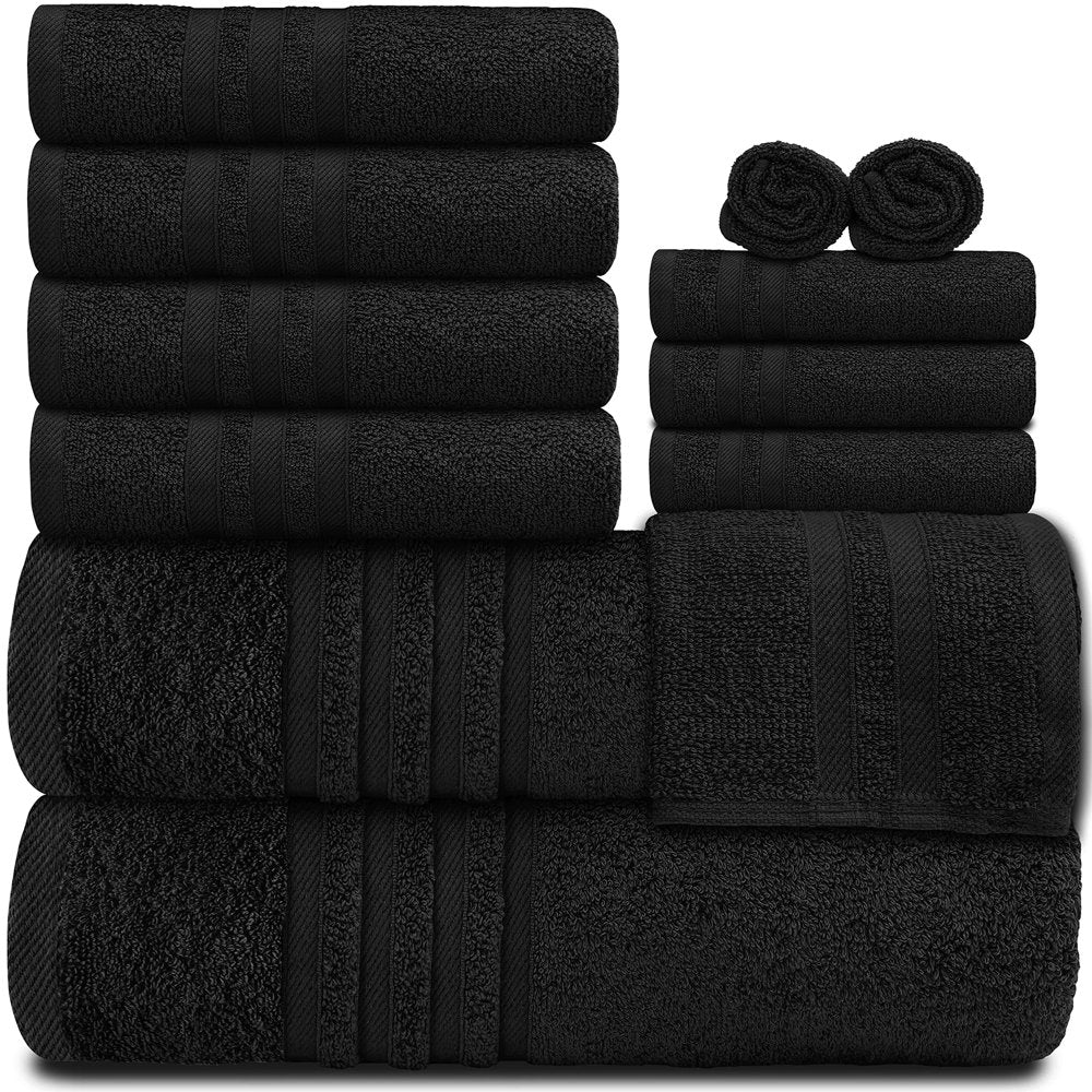 White Classic 12 Piece Bath Towel Set for Bathroom - Wealuxe Collection 2 Bath Towels, 4 Hand Towels, 6 Washcloths 100% Cotton Soft and Plush Highly Absorbent, Soft Towel for Hotel & Spa - Black