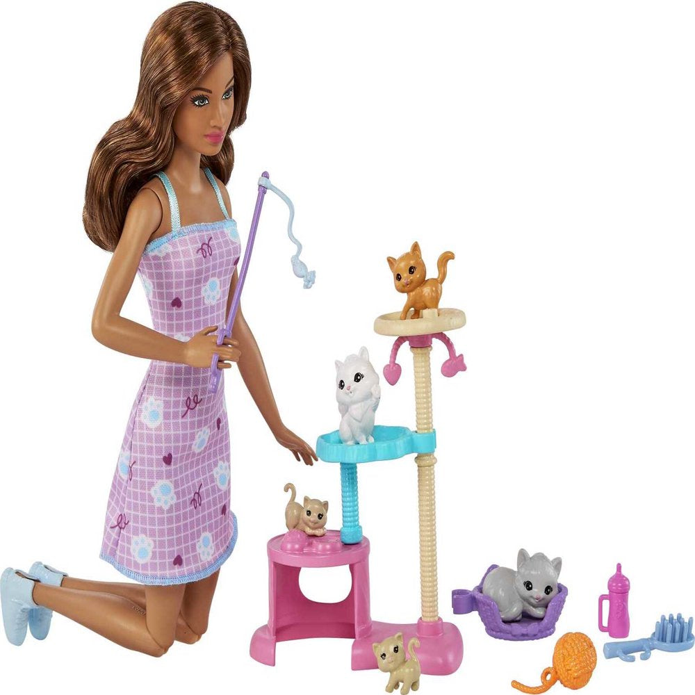 Barbie Kitty Condo Playset with Brunette Fashion Doll, 4 Kittens, Cat Tree & Accessories