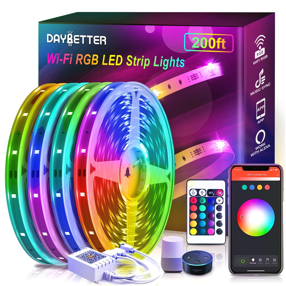 DAYBETTER 50Ft LED Strip Lights,Rgb 5050 LED Lights Work with Google Assistant, Flexible, Timer Schedule,Color Changing Light Strips for Bedroom