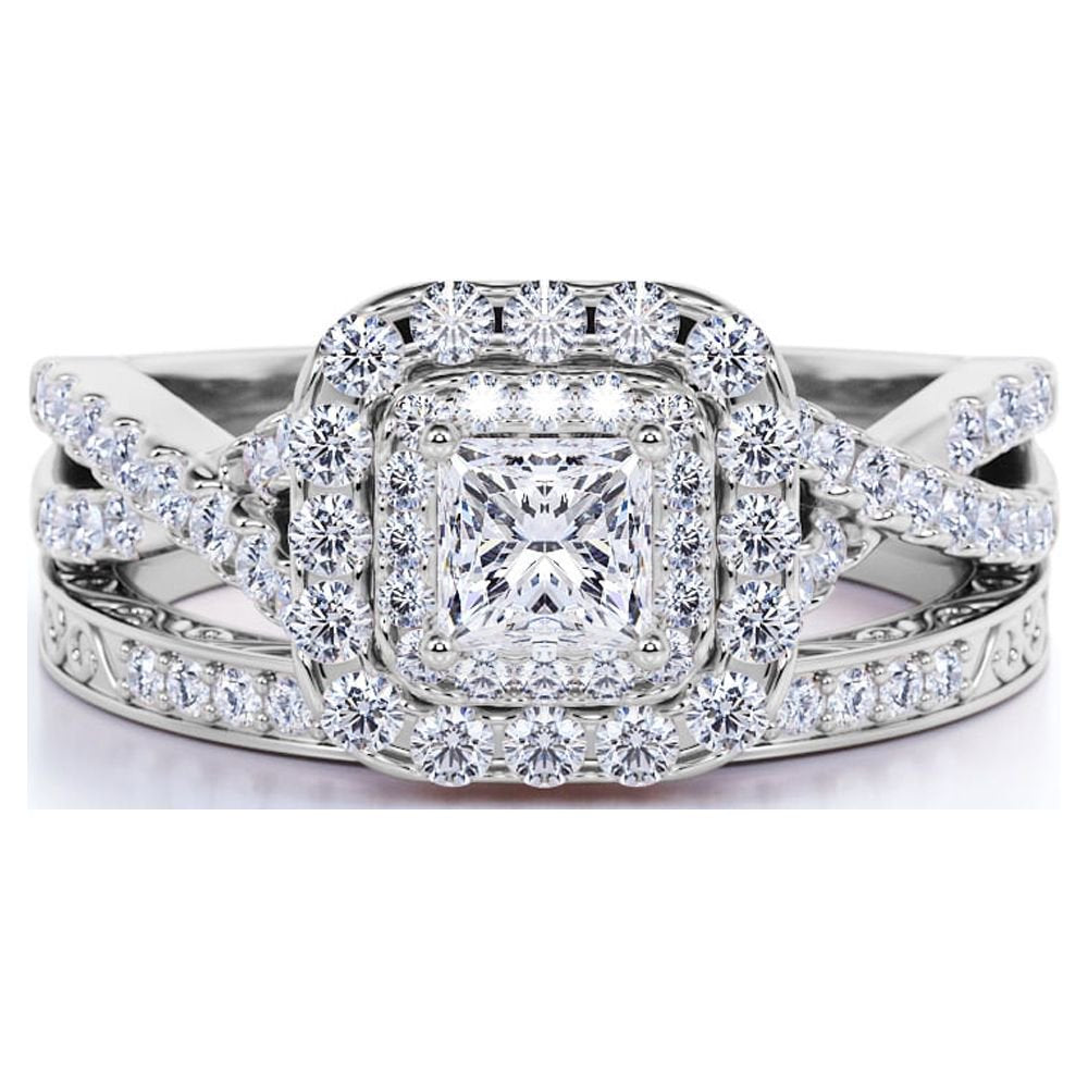 Square Diamond - Double Halo - Twisted Band - Vintage Inspired - Pave - Wedding Ring Set in 10K White Gold