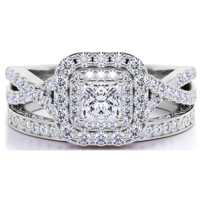 Square Diamond - Double Halo - Twisted Band - Vintage Inspired - Pave - Wedding Ring Set in 10K White Gold