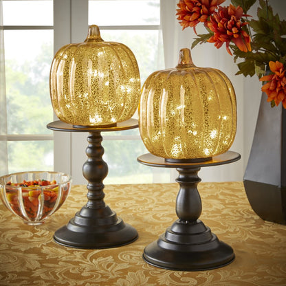 Brylanehome 11"H X 6"Diam. Pre-Lit Glass Pumpkin on Stand, Orange Fall Decor Light up Decoration