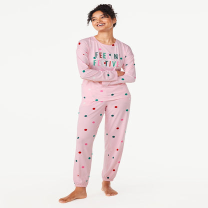 Joyspun Women’s Long Sleeve Tee and Joggers, 2-Piece Pajama Set, Sizes S-3X