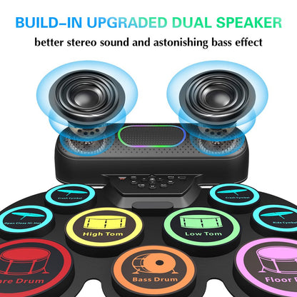 Dammyty Upgrade 9 Pads Kids Adults Electronic Drum Sets Kit with Headphone Jack and Dual Bluetooth Speaker Wireless Connection for Christmas Birthday Gift