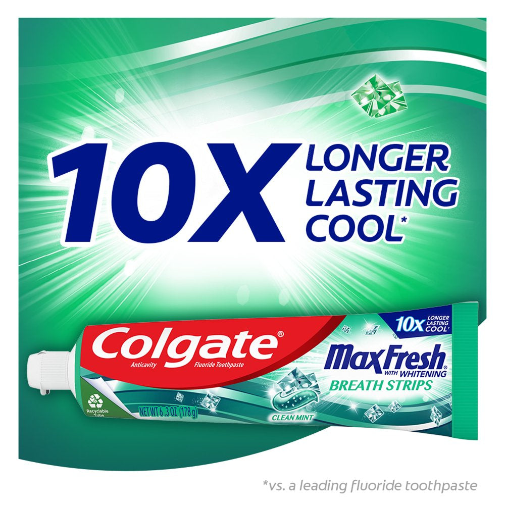 Colgate Max Fresh Toothpaste, Mini Breath Strips, Clean Mint, 3 Pack, 6.3 oz