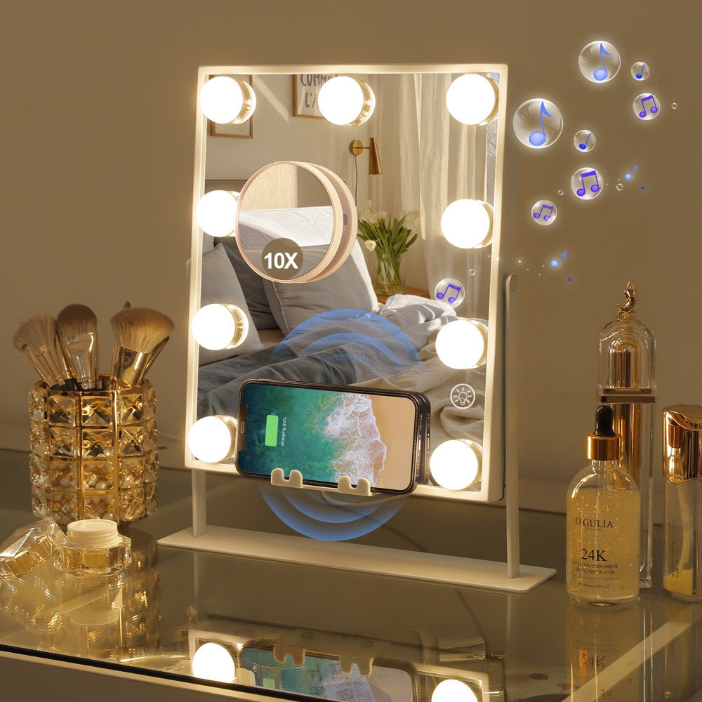  Bluetooth Hollywood Vanity Mirror with Lights Wireless Charging Tabletop Metal White