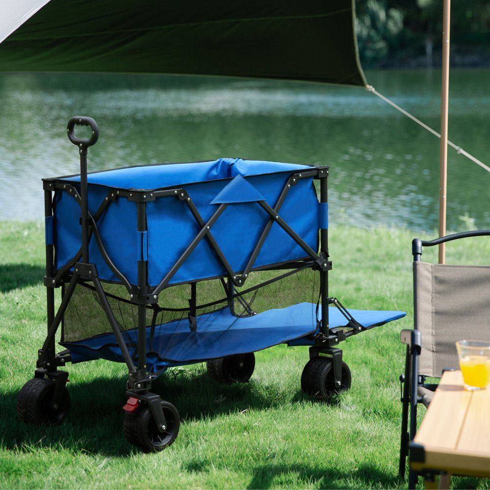 Folding Double Decker Garden Wagon, VECUKTY Heavy Duty Collapsible Wagon Cart with 54" Lower Decker, All-Terrain Big Wheels for Camping, Sports, Shopping, Garden and Beach, Support Up to 500lbs, Blue