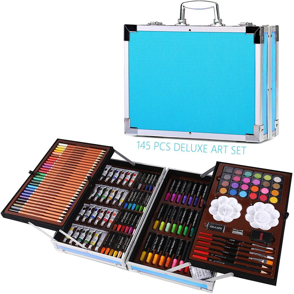 145-Piece 2 Layers, Child Art Supplies for Drawing, Painting, Portable Aluminum Case Art Kit for Kids, Teens, Adults Great Gift for Beginner and Serious Artists