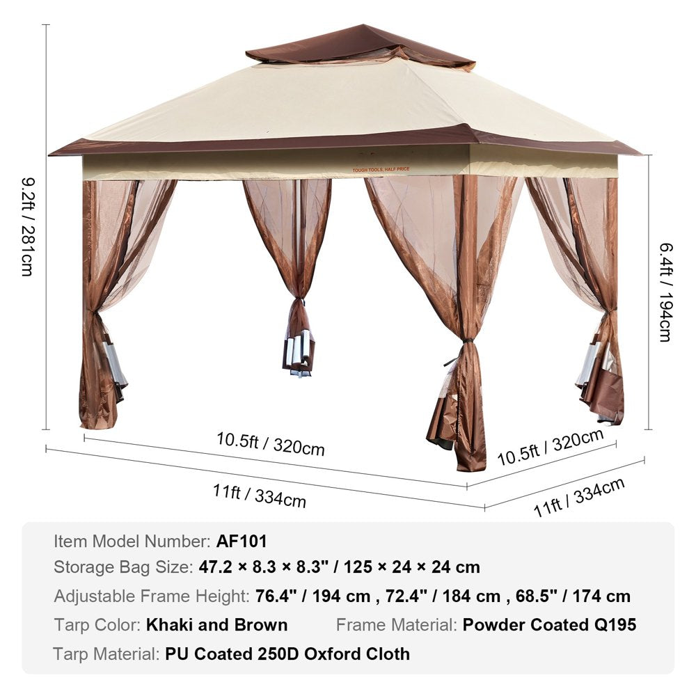 Patio Gazebo, 11 X 11 FT Pop up Gazebo Tent for 8-10 Person, with Mosquito Netting, Metal Frame, and PU Coated 250D Oxford Cloth, Outdoor Canopy Shelter