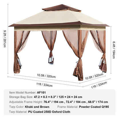 Patio Gazebo, 11 X 11 FT Pop up Gazebo Tent for 8-10 Person, with Mosquito Netting, Metal Frame, and PU Coated 250D Oxford Cloth, Outdoor Canopy Shelter