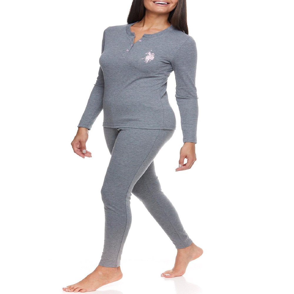 U.S. Polo Assn. Women's Ribbed Henley Long Underwear Thermal Set, 2-Piece Set