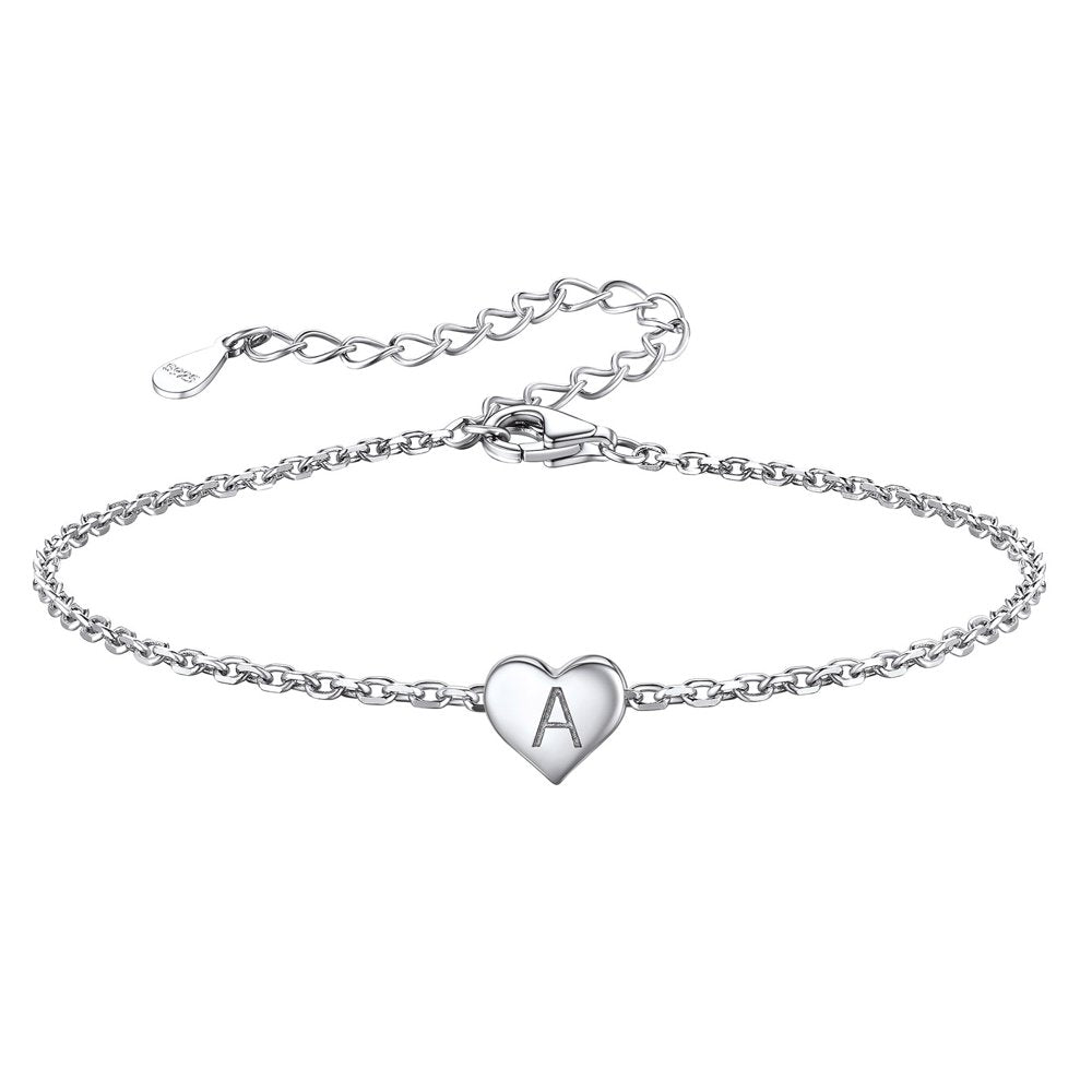 Initial Heart Bracelet Charms Bracelets 925 Sterling Silver Chain Bracelets for Women Teen Girls - Letter A