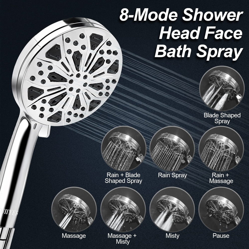 Handheld Shower Head, KUIIYER 10-Mode 5.1”High Pressure Shower Head with Handheld (5 Ft Steel Long Hose/ Detachable Brass Holder/ Anti-Clog Nozzle) Built-In 2-Mode Power Wash Spray (2.5 GPM, Chrome)