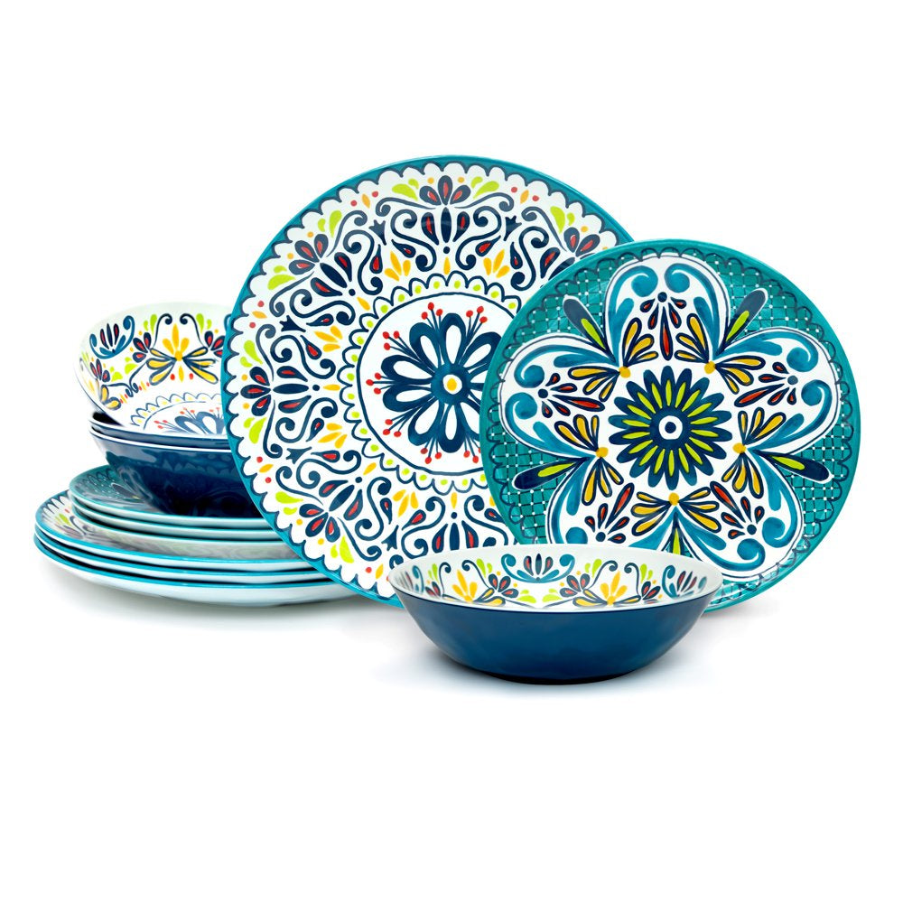 12 Pieces Dinnerware Set Melamine Plastic Plates and Bowls, Service for 4, Durable and Dishwasher Safe, Medallion Warm