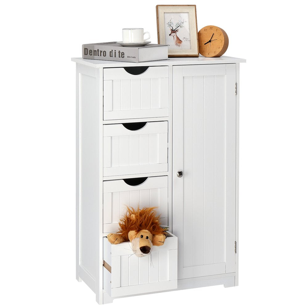 Wooden Bathroom Floor Cabinet,Side Storage Organizer Cabinet with 4 Drawers,1 Cupboard & 2-Shelves,Mdf,White