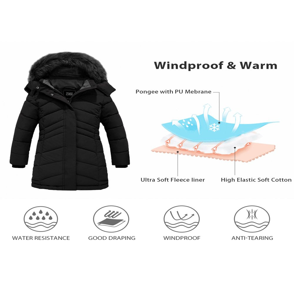 ZSHOW Girls' Puffer Jacket Winter Snow Coat Cotton Padded Parka Outerwear Jacket Black 8