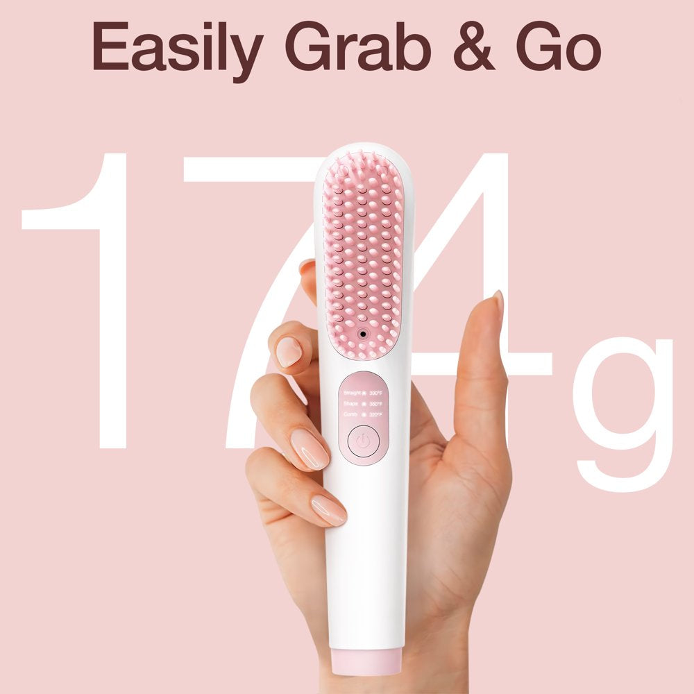 Cordless Hair Straightener Brush, Jungle Wave Portable Ionic Hot Straightening Comb for Travel, Pink