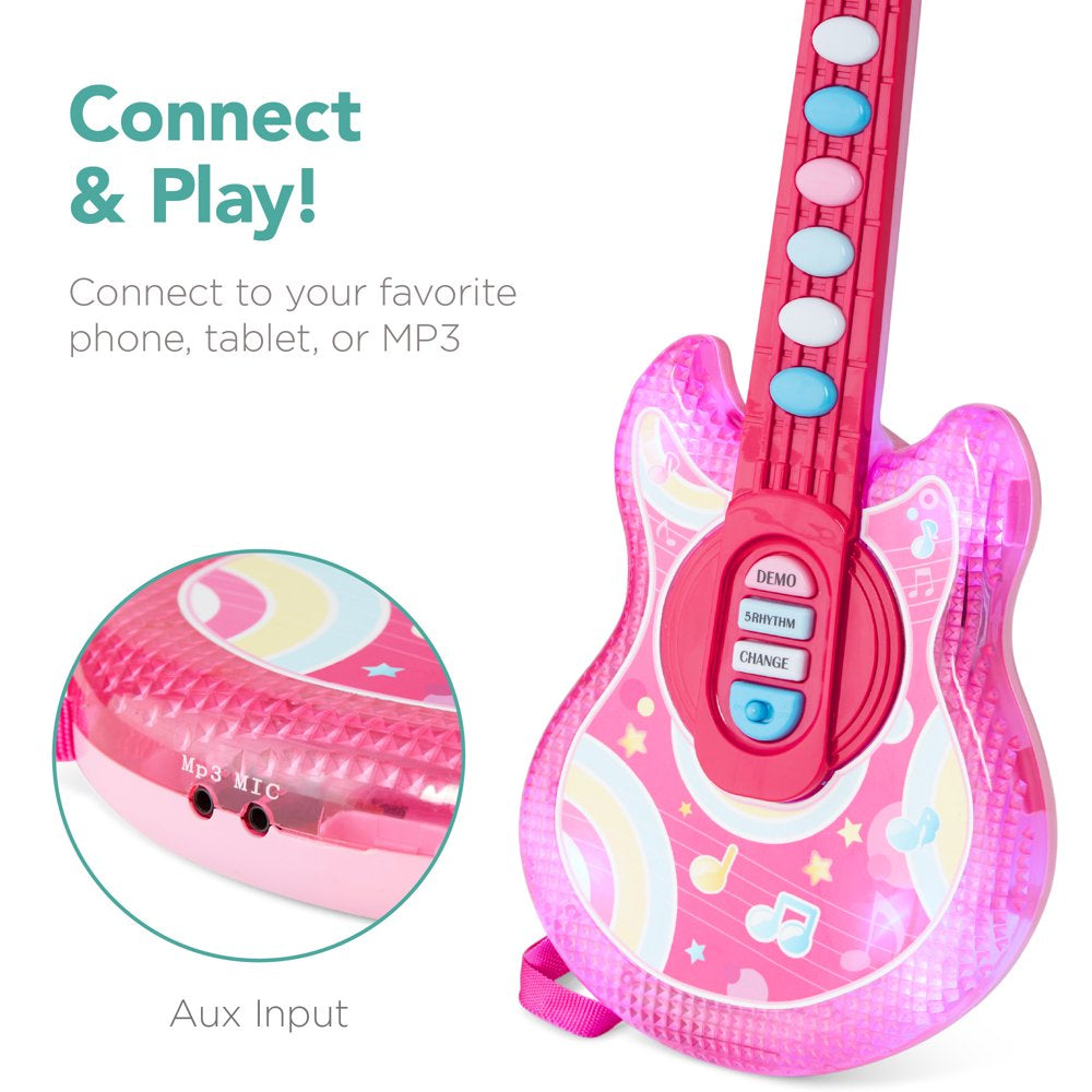 Best Choice Products 19in Kids Flash Guitar, Pretend Play Musical Instrument Toy for Toddlers w/ Mic, Stand - Pink