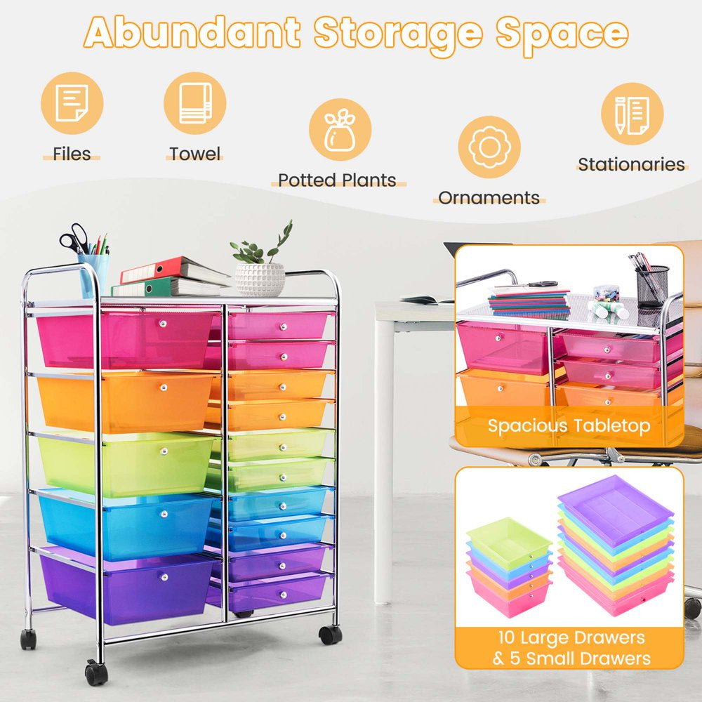 Costway 15 Drawer Rolling Storage Cart Tools Scrapbook Paper Office School Organizer Colorful