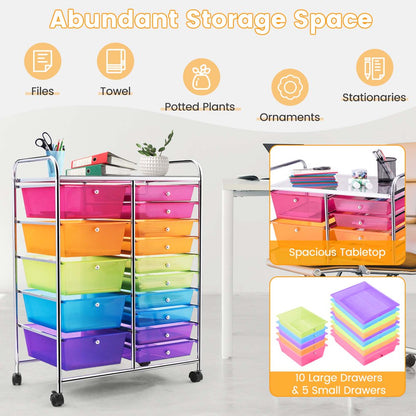 Costway 15 Drawer Rolling Storage Cart Tools Scrapbook Paper Office School Organizer Colorful