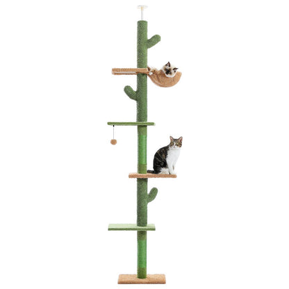 PAWZ Road 5-Level Cat Tree House Cactus Style Floor to Ceiling Tower 95-107" for Indoor Small Cats, Green