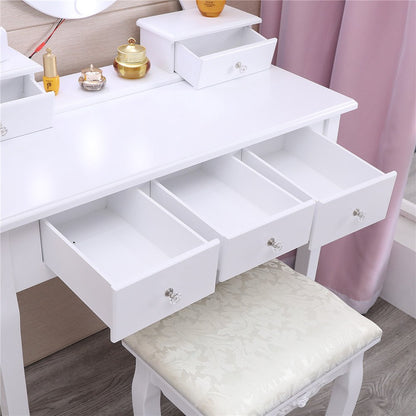 Ktaxon Vanity Table 10 LED Lights, 5 Drawers Makeup Dressing Desk with Cushioned Stool Set,Bedroom Vanities Set White